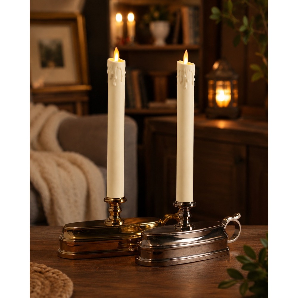 Luminara Flameless Taper Candle Moving Flame Timer Bronze Tone Farmhouse 2pc